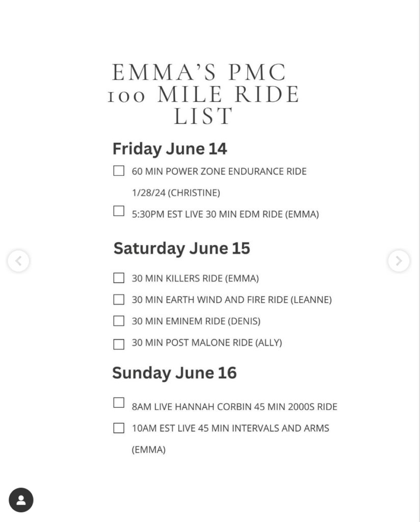 Emma's 100 mile ride list. Image credit Emma's social media.